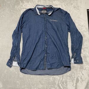 RCMN Performance Shirt‎ Mens XXL Blue Geometric Chambray Hicks Bay Nautical Logo